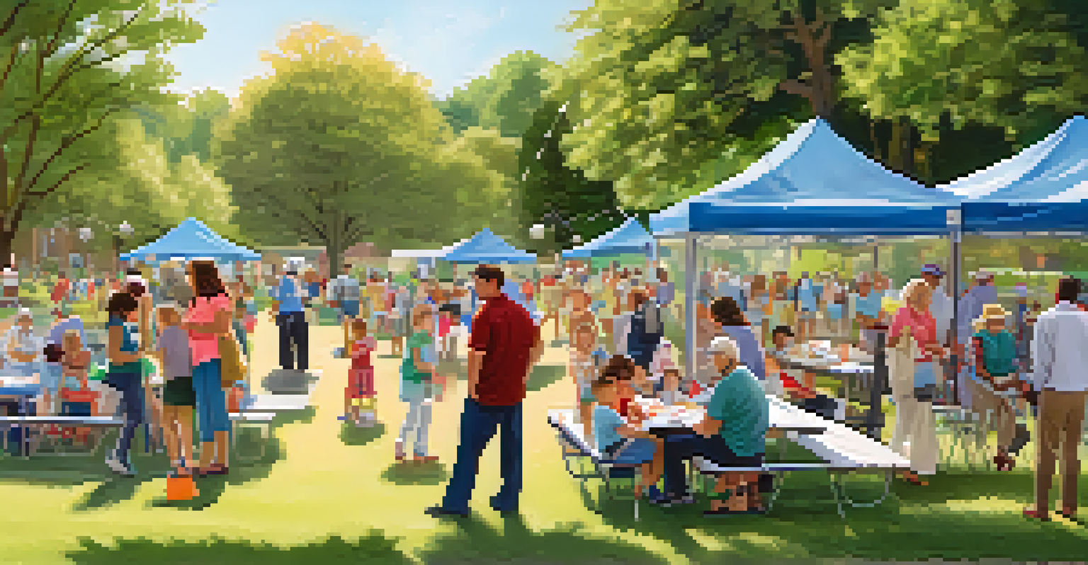 A community vaccination event in a park with families, booths, and children playing in a bright atmosphere.