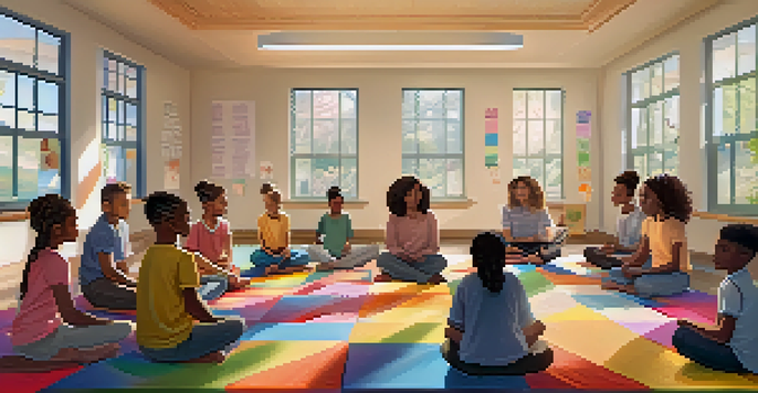 A diverse group of students practicing mindfulness in a bright and welcoming classroom, surrounded by positive affirmations.