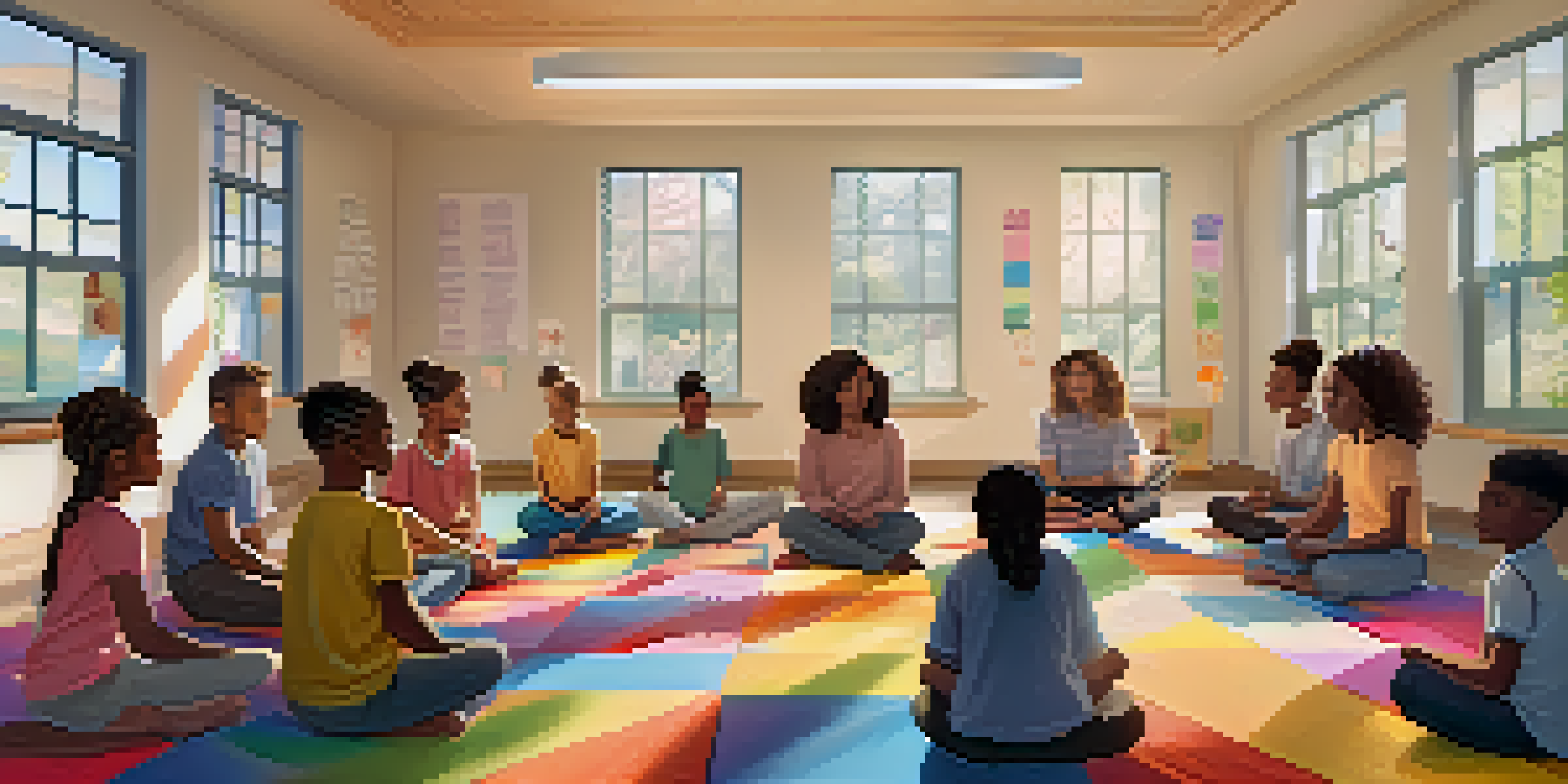 A diverse group of students practicing mindfulness in a bright and welcoming classroom, surrounded by positive affirmations.