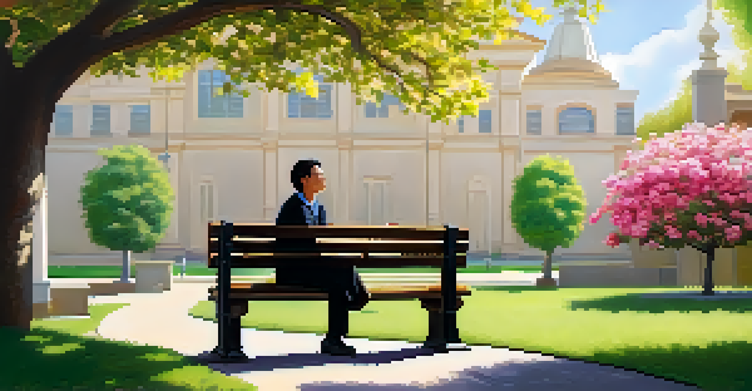 An educator relaxing and practicing deep breathing in a peaceful school garden filled with flowers and trees.