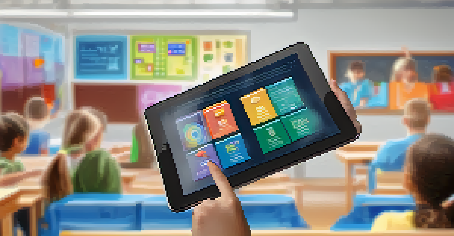 A digital tablet with an interactive educational app, showcasing vibrant graphics and learning progress.