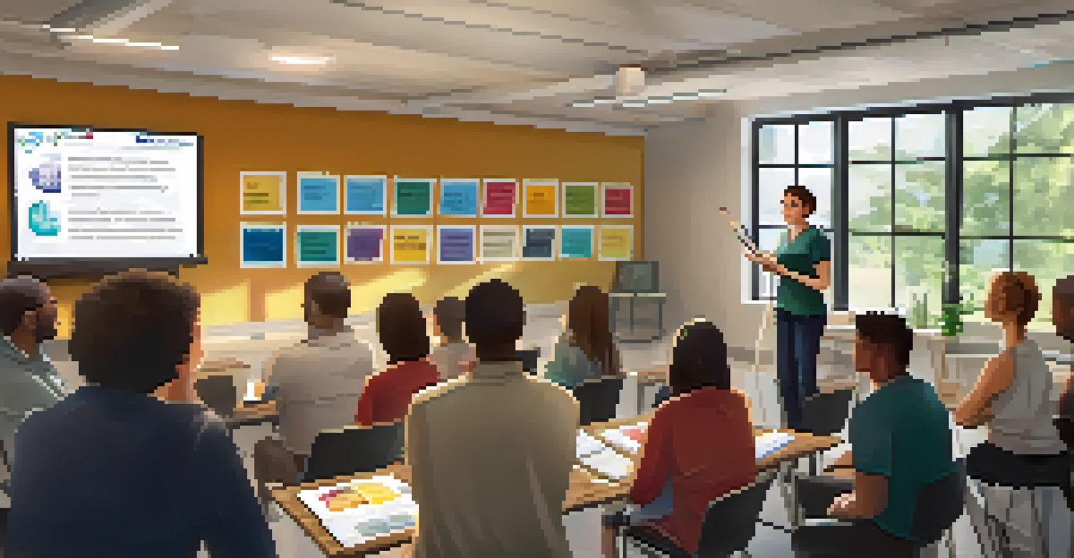 An instructor presenting to an engaged audience in a colorful workshop room filled with learning resources and a digital presentation.