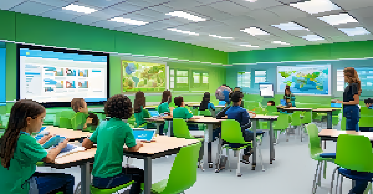 A modern classroom with students using tablets and adaptive learning technology, surrounded by a bright and inviting atmosphere.