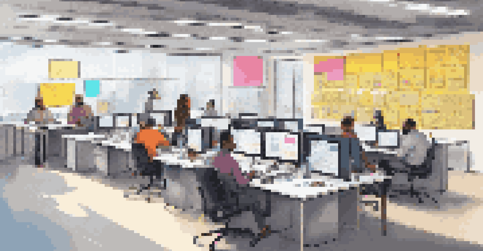 A collaborative tech workspace where diverse team members are brainstorming and working on a project, exemplifying interdisciplinary teamwork.