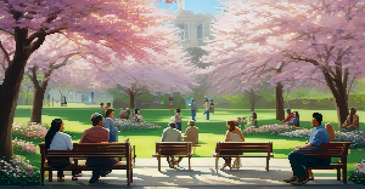 A group of adults from various backgrounds chatting in a park, with speech waves illustrating their dialects in a tranquil setting.