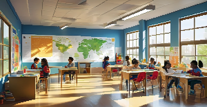 A vibrant classroom with diverse students participating in different learning activities, filled with sunlight and educational materials.