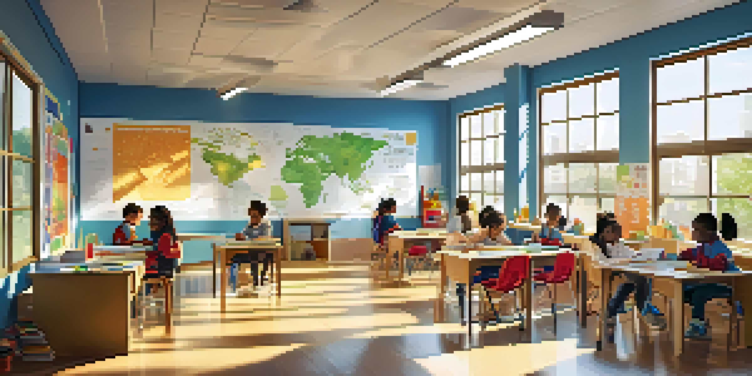 A vibrant classroom with diverse students participating in different learning activities, filled with sunlight and educational materials.