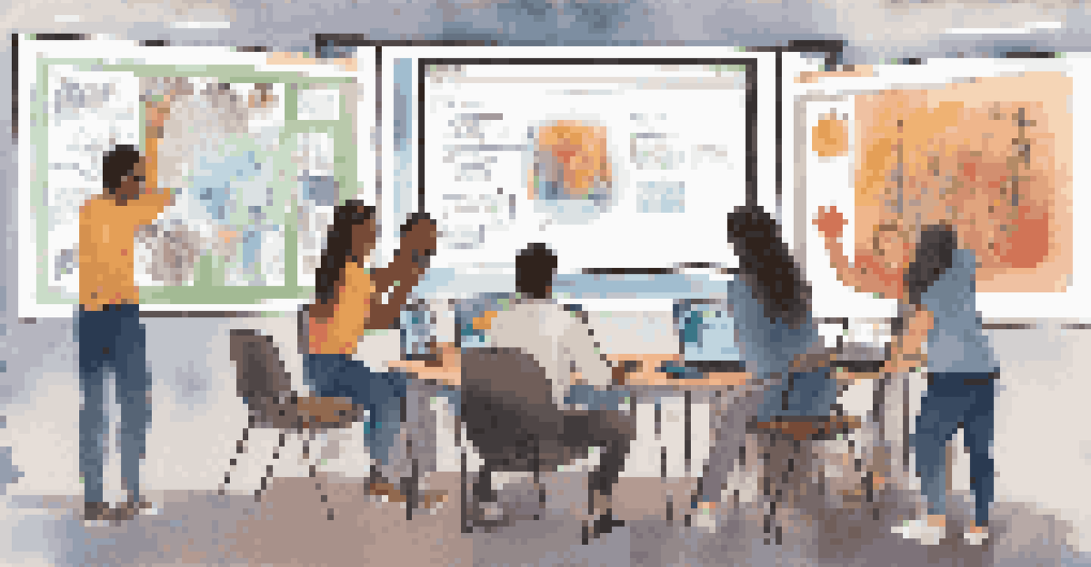 A group of diverse students working together on a digital portfolio project, showing enthusiasm and collaboration in a colorful and creative workspace.