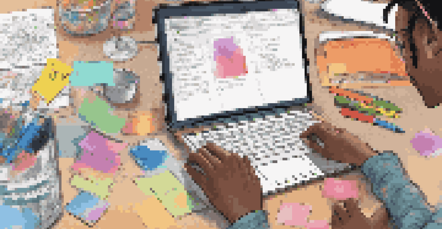 A close-up of students' hands collaborating on a digital storytelling project, featuring laptops, notepads, and colorful creative tools.