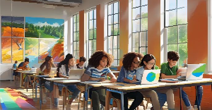 Students in a bright classroom working on digital portfolios on their laptops, with plants and colorful posters surrounding them.