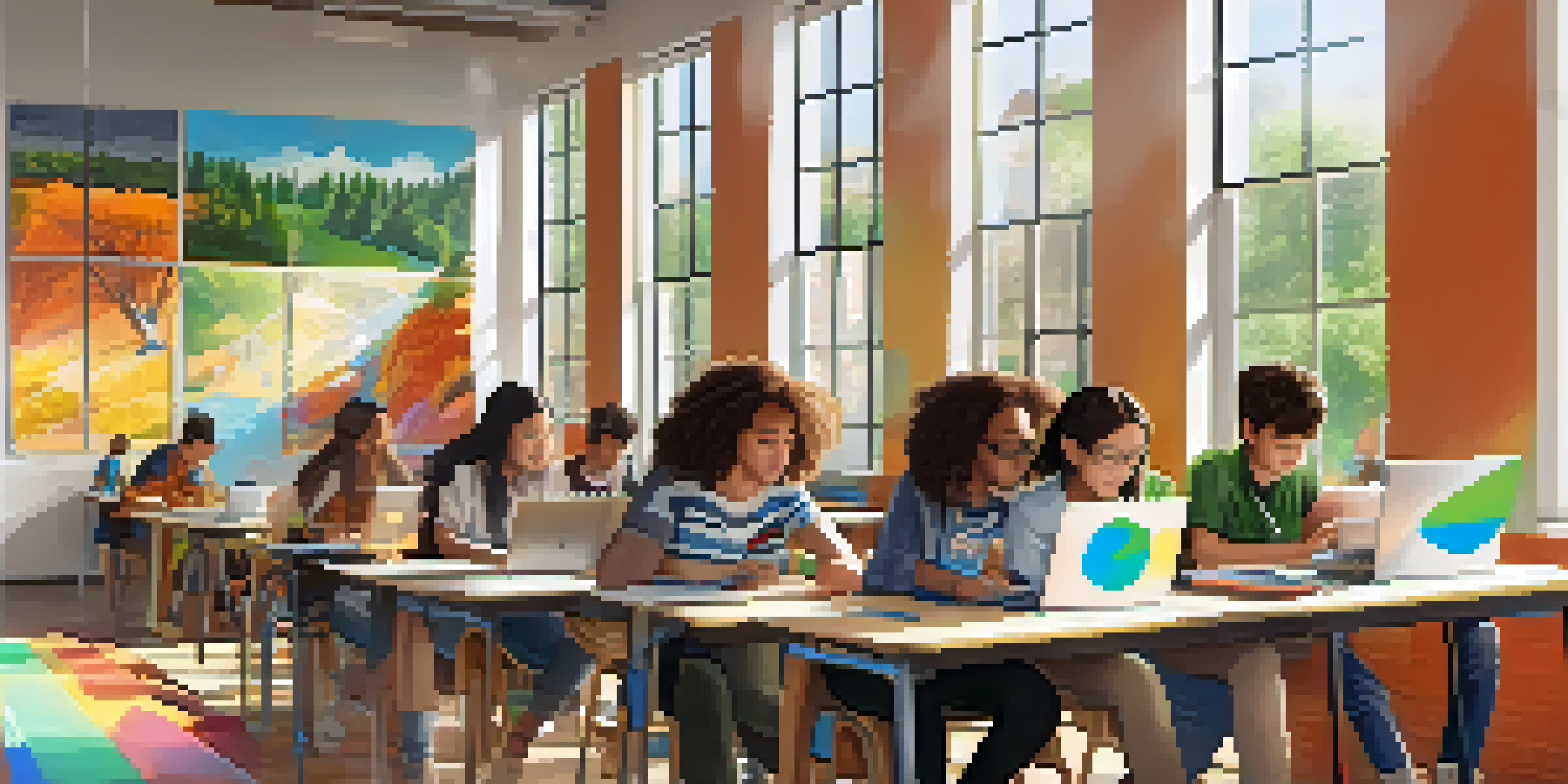 Students in a bright classroom working on digital portfolios on their laptops, with plants and colorful posters surrounding them.