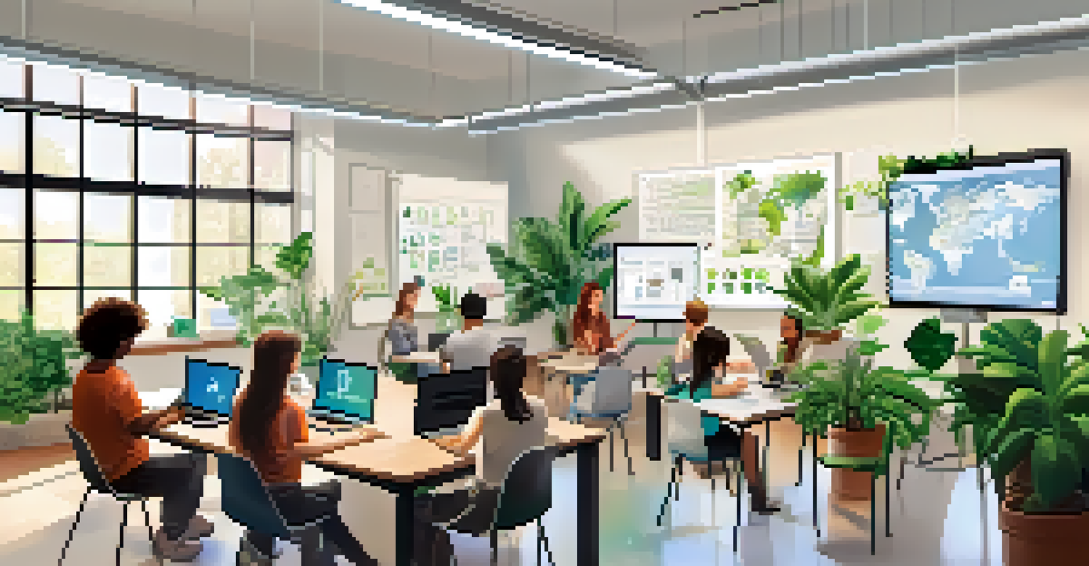 Students collaborating on a project in a bright room, using laptops and video conferencing tools to connect with peers.