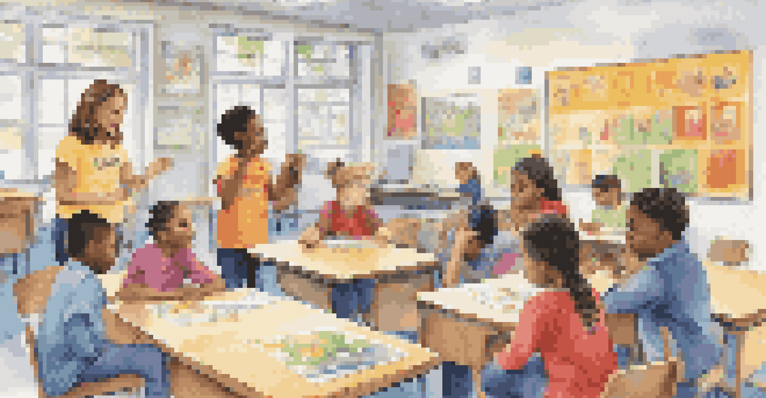 A group of diverse students practicing social skills in a bright classroom, with one student leading a conversation.
