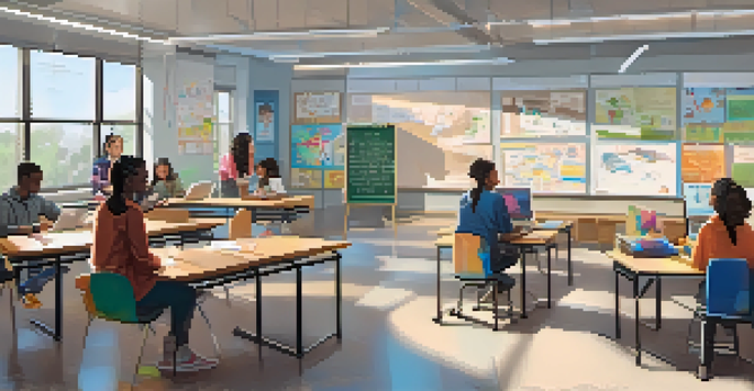 A diverse group of students in a bright classroom using laptops for online learning while a teacher interacts with them in person.