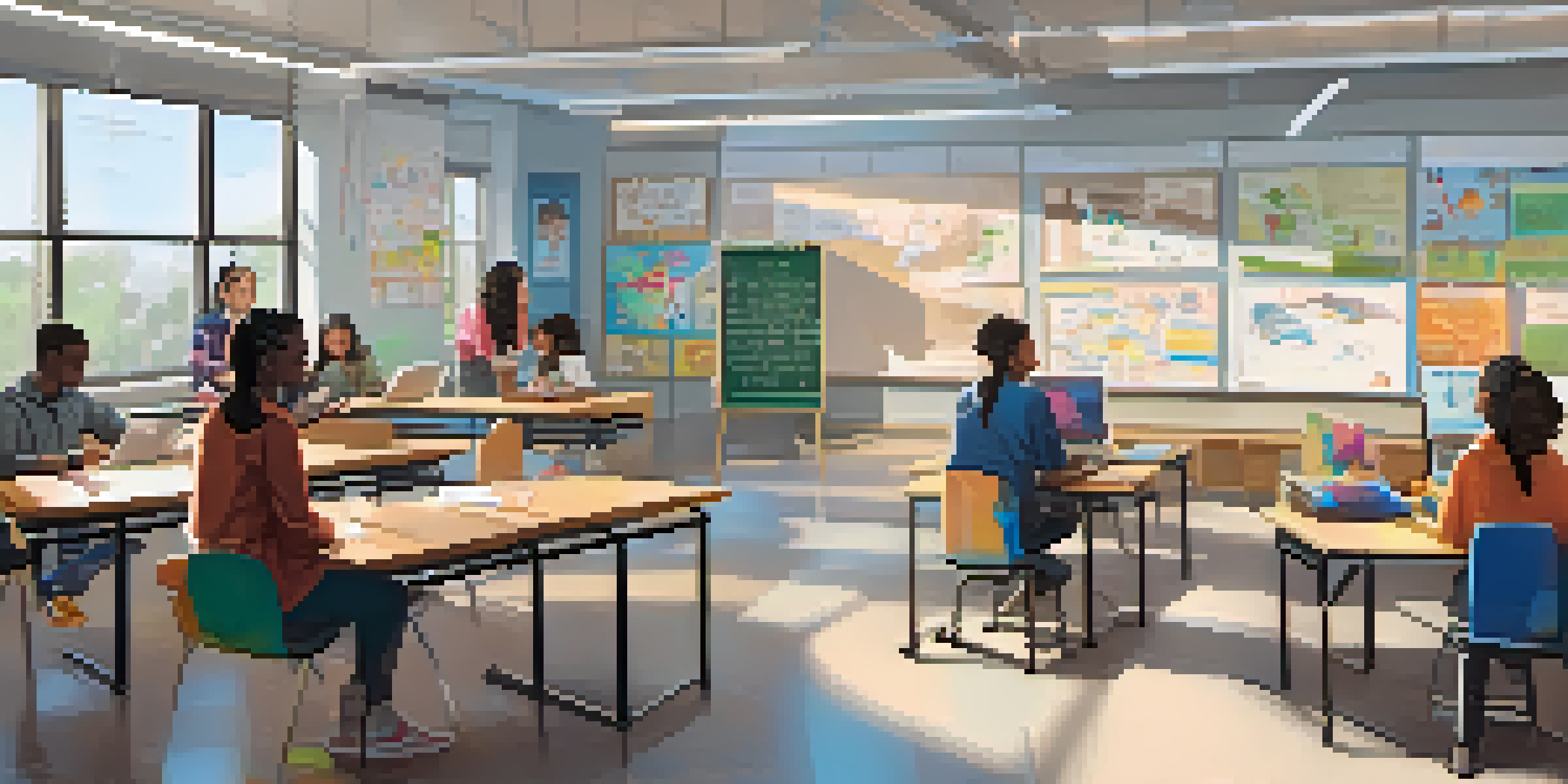 A diverse group of students in a bright classroom using laptops for online learning while a teacher interacts with them in person.