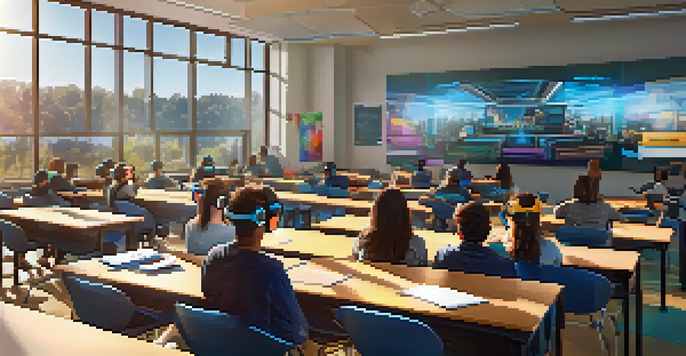 A bright classroom with students wearing virtual reality headsets, engaging in a training simulation with interactive technology around them.