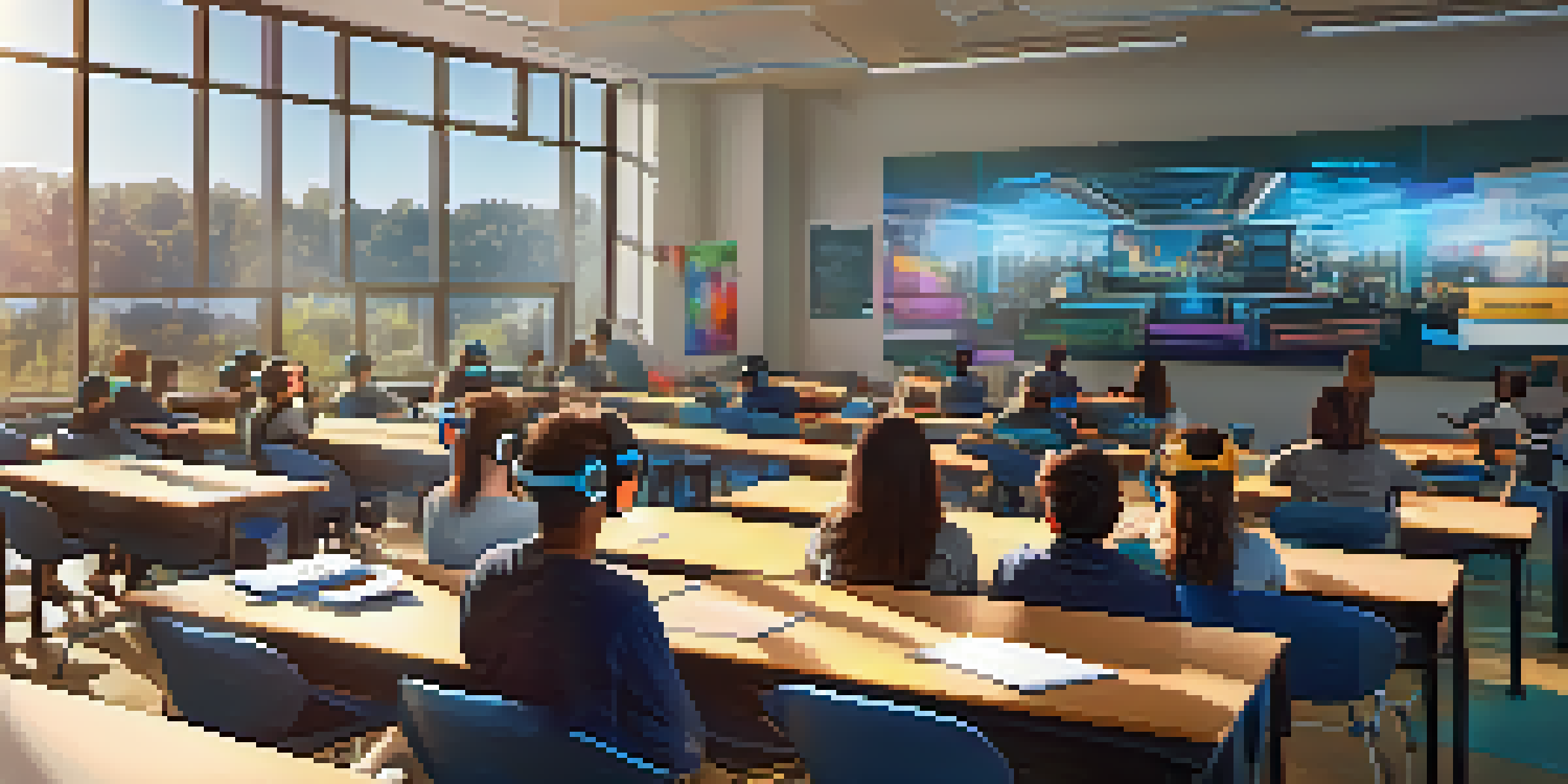 A bright classroom with students wearing virtual reality headsets, engaging in a training simulation with interactive technology around them.