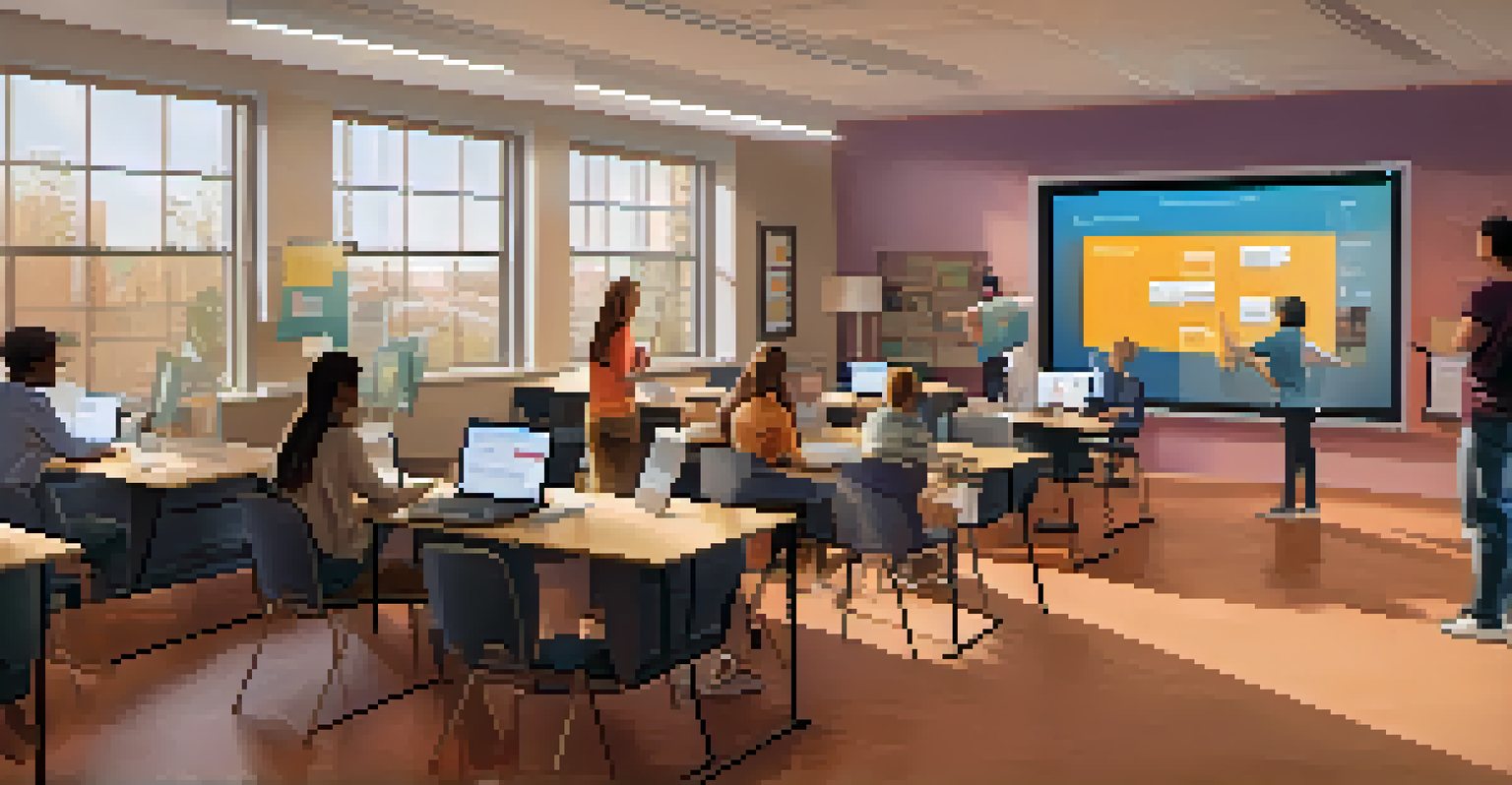 A virtual classroom with students collaborating in breakout rooms, displaying a warm background and digital tools on their screens.
