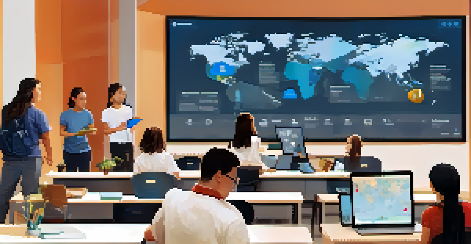 Students engaged in e-learning, exploring a digital platform with a world map on the screen, discussing cultural landmarks and insights.