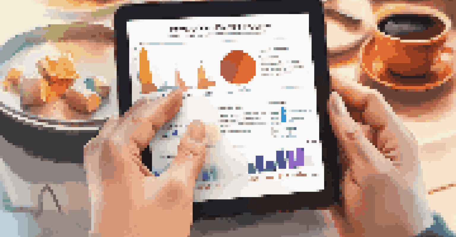 Close-up of hands holding a tablet with survey results for a mentoring program in a cozy café setting, showing colorful graphs.