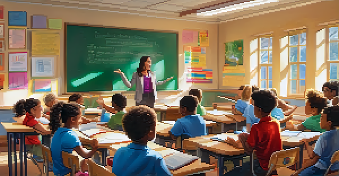 A lively classroom with a teacher engaging students in discussion, featuring colorful posters and sunlight filtering through the windows.