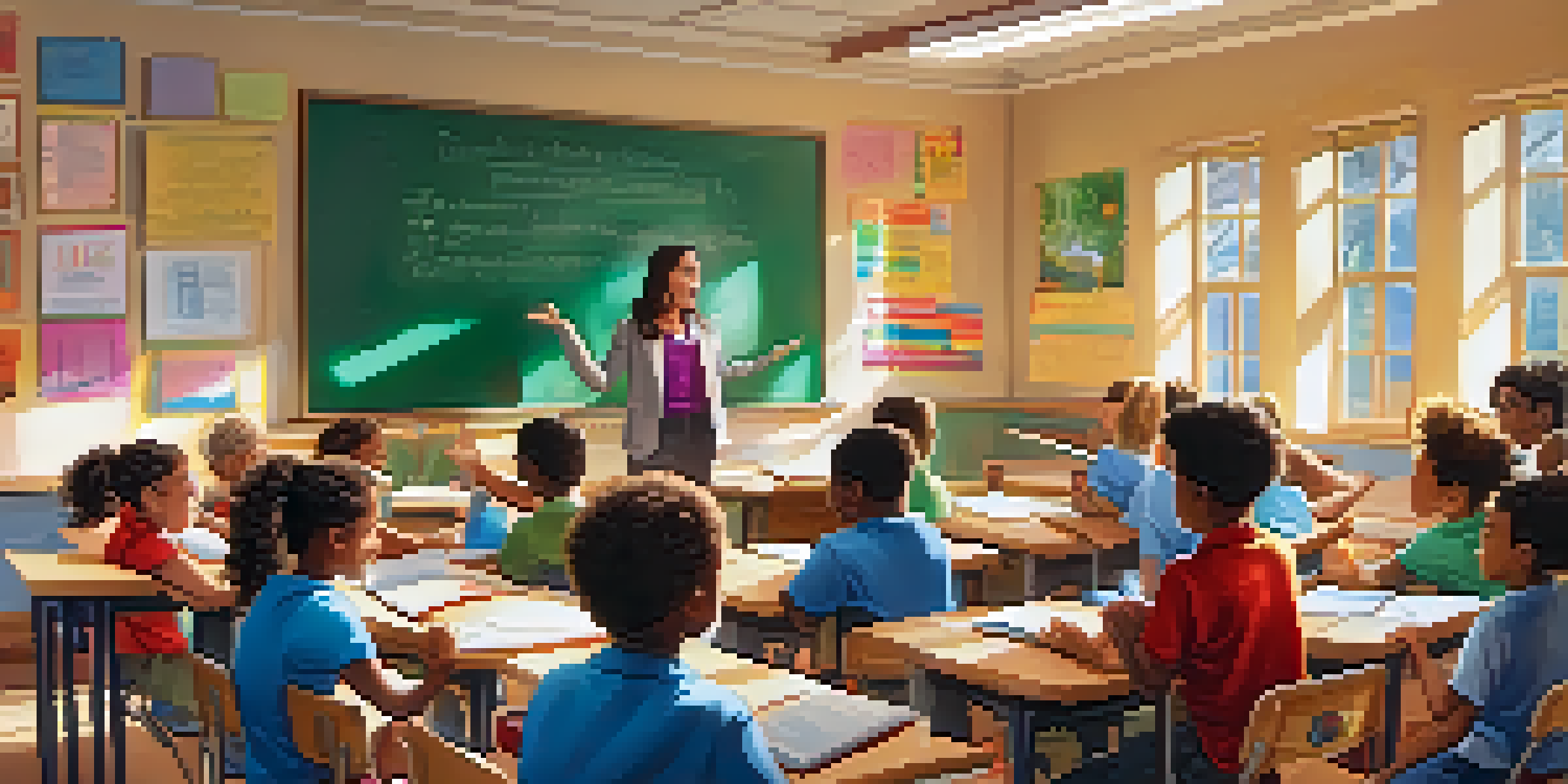 A lively classroom with a teacher engaging students in discussion, featuring colorful posters and sunlight filtering through the windows.