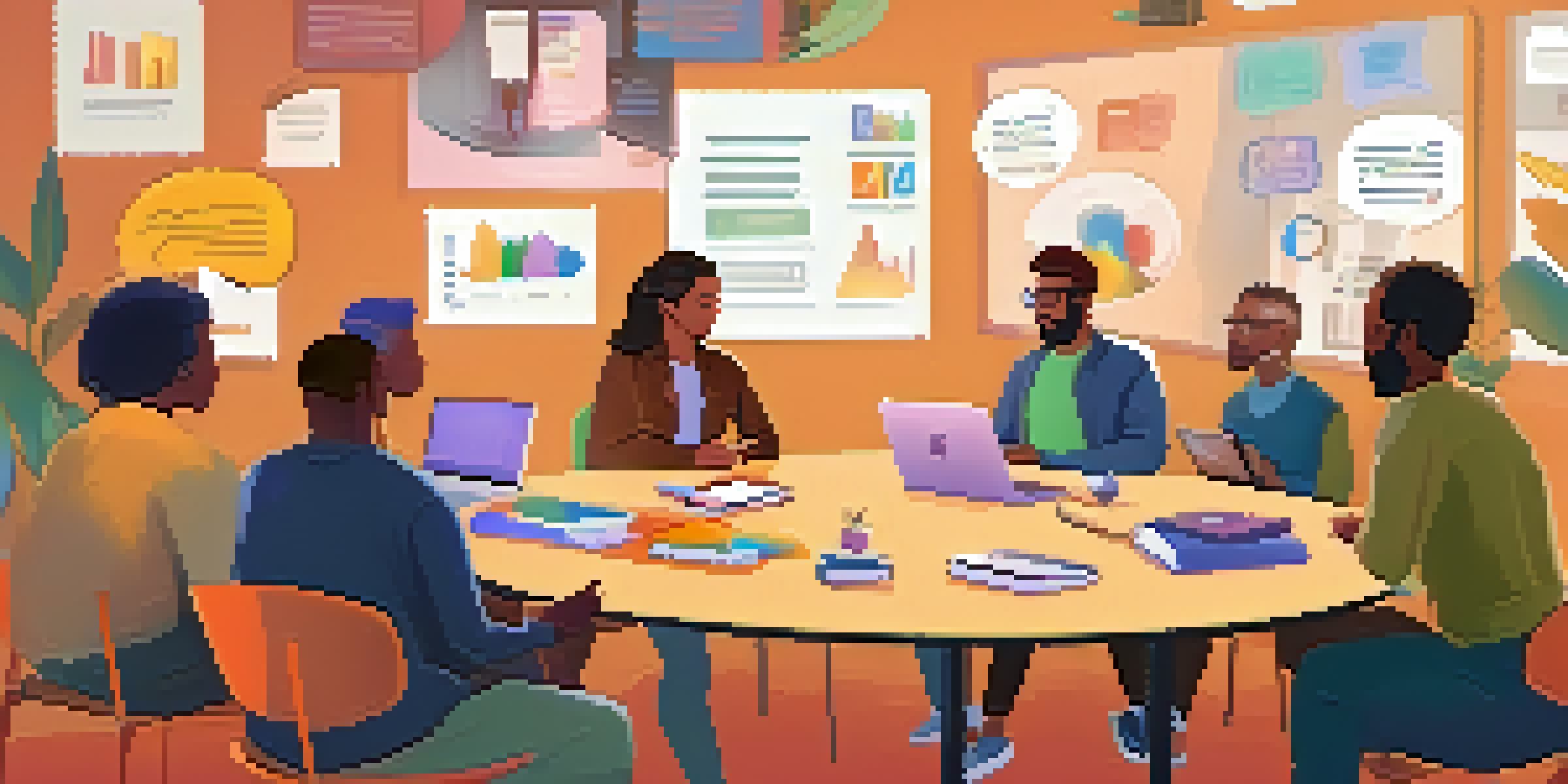 A diverse group of people sitting around a round table in a cozy virtual space, engaged in discussions with laptops and notes, warm lighting, and colorful speech bubbles.