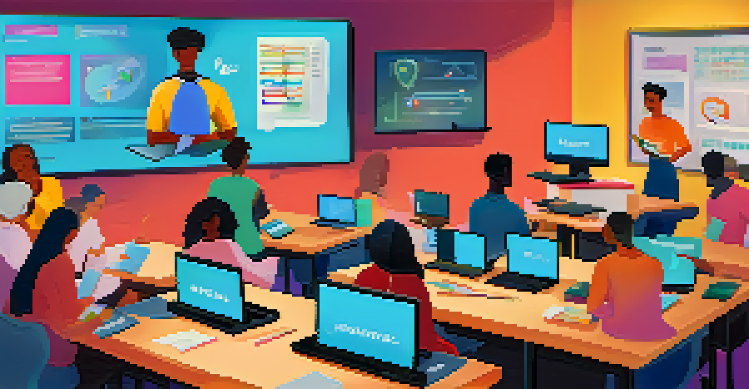 A digital classroom scene with diverse students engaged in online learning activities, showcasing vibrant graphics in the background.