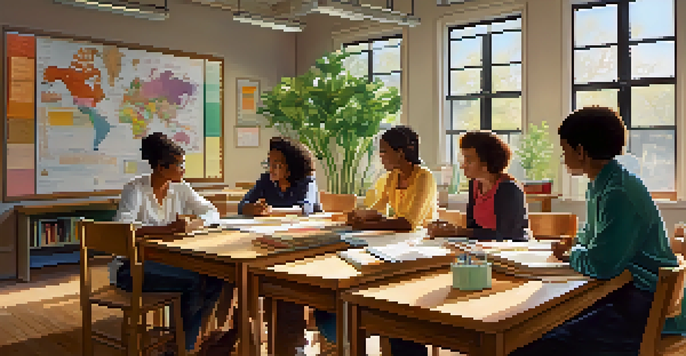 A group of diverse teachers engaged in discussion in a brightly lit classroom filled with teaching materials and plants.