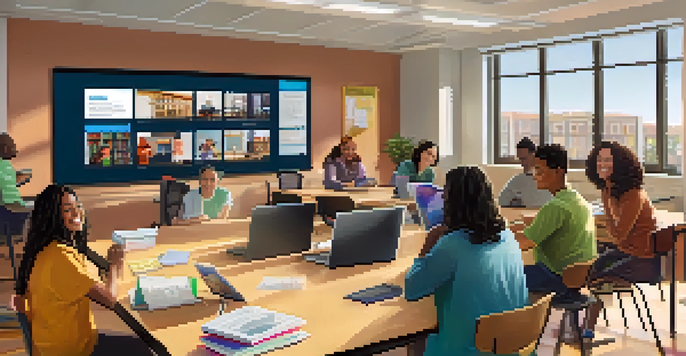 A diverse group of educators engaged in a video conference in a bright digital classroom, highlighting collaboration and mentorship.