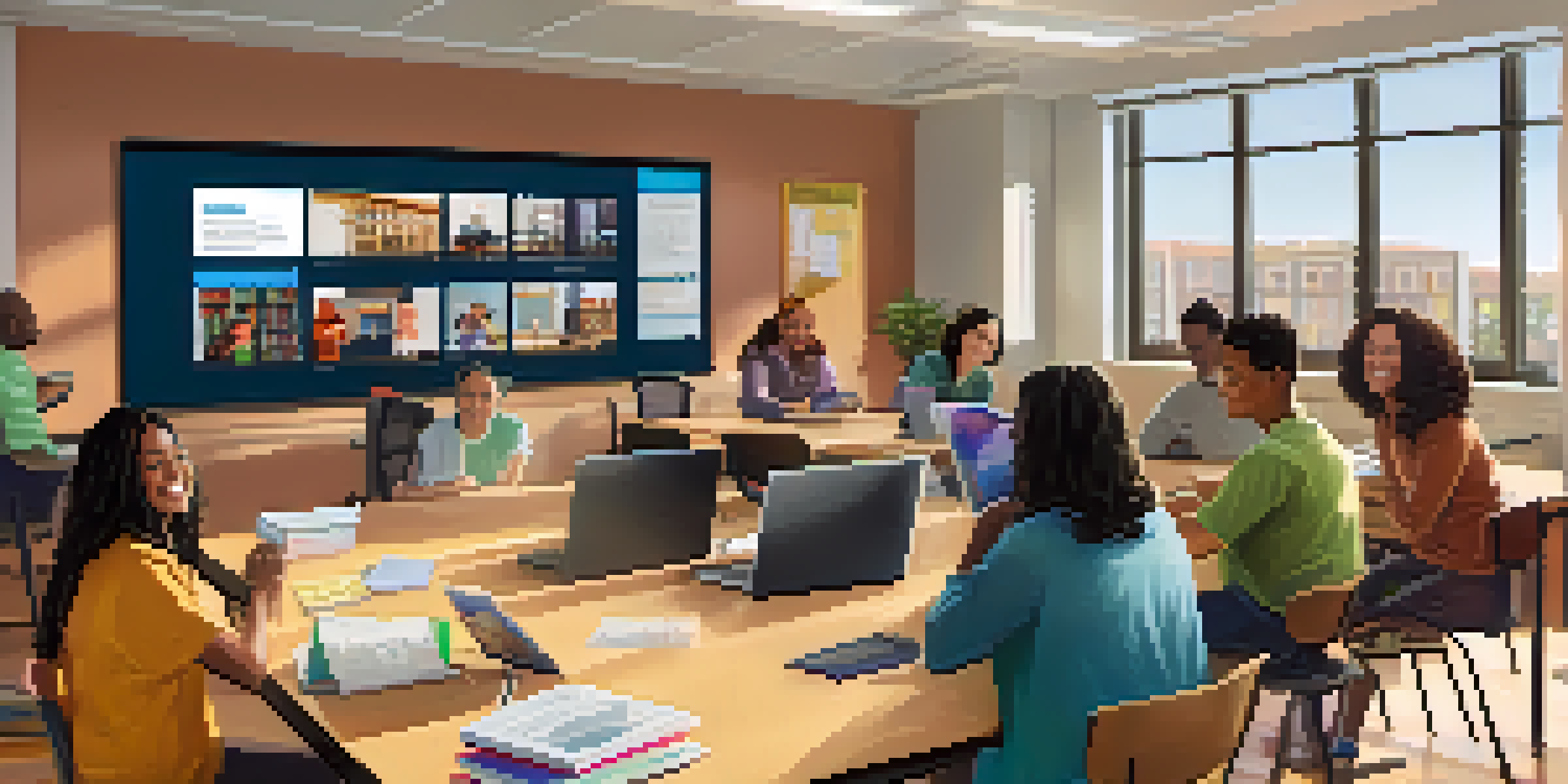 A diverse group of educators engaged in a video conference in a bright digital classroom, highlighting collaboration and mentorship.