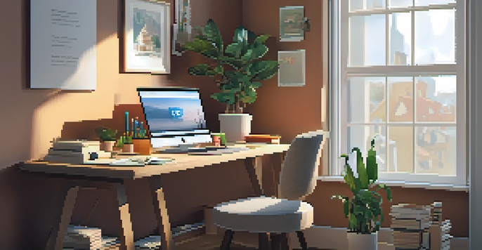 A home study area with a laptop, books, and a potted plant, illuminated by natural light.