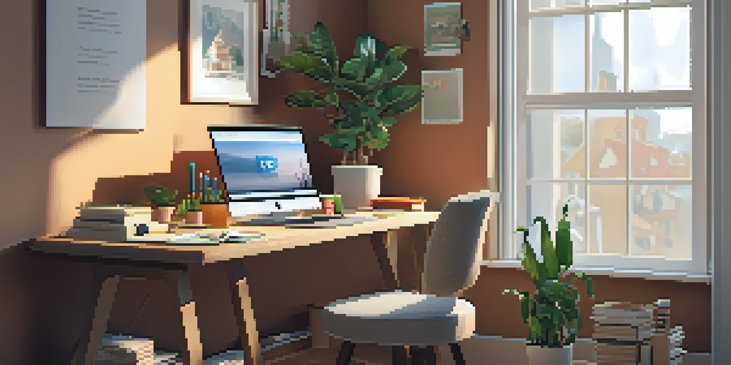 A home study area with a laptop, books, and a potted plant, illuminated by natural light.