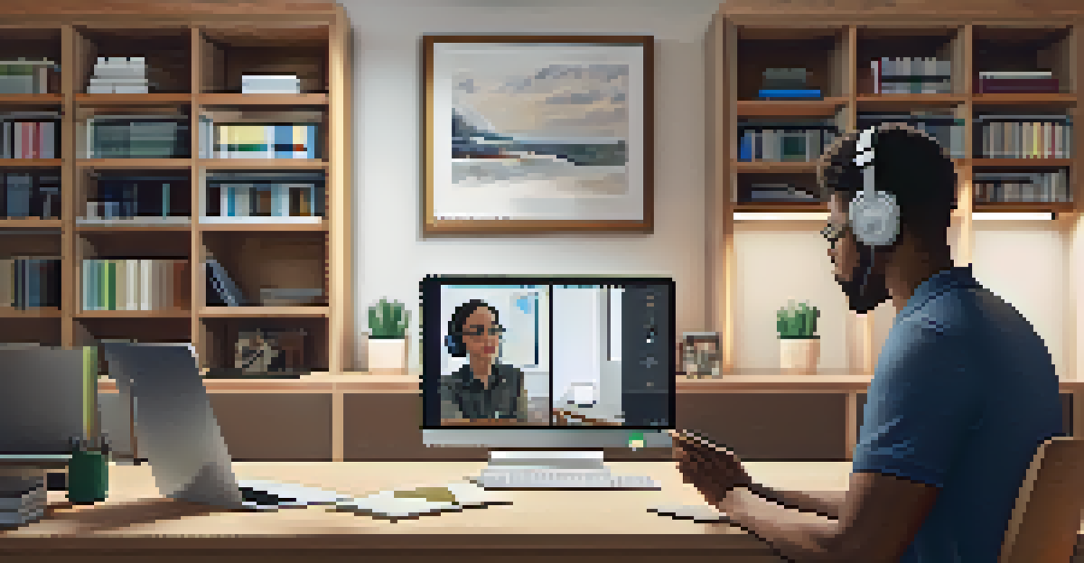 An instructor giving feedback through a video call, with the instructor on the screen and a student attentively listening.