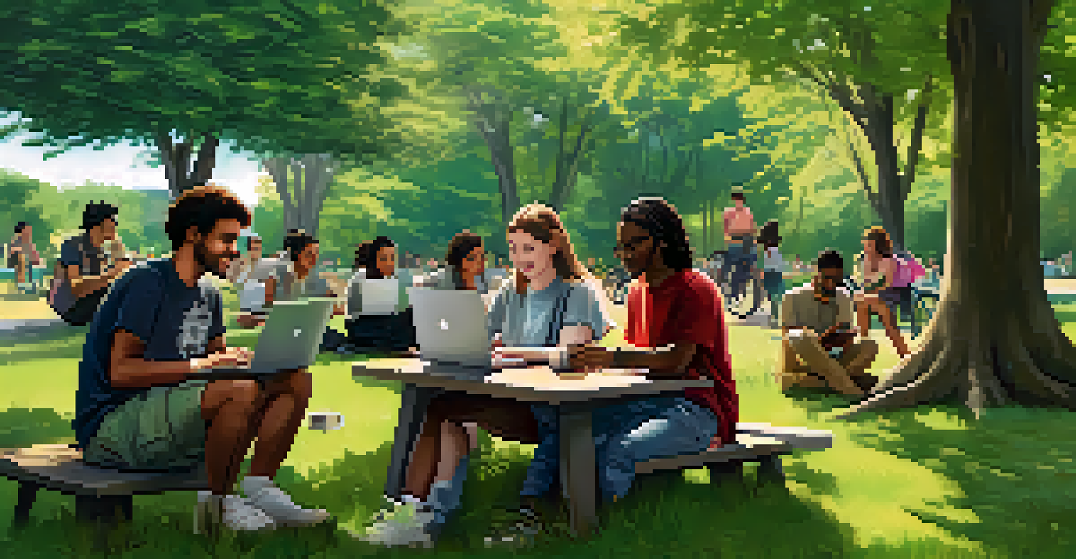 A group of young adults from various cultures collaborating in a park with laptops and tablets, surrounded by nature.
