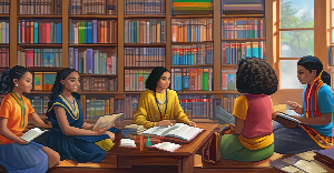 A diverse group of students in traditional attire participating in an online classroom discussion, with cultural symbols displayed on the screen.