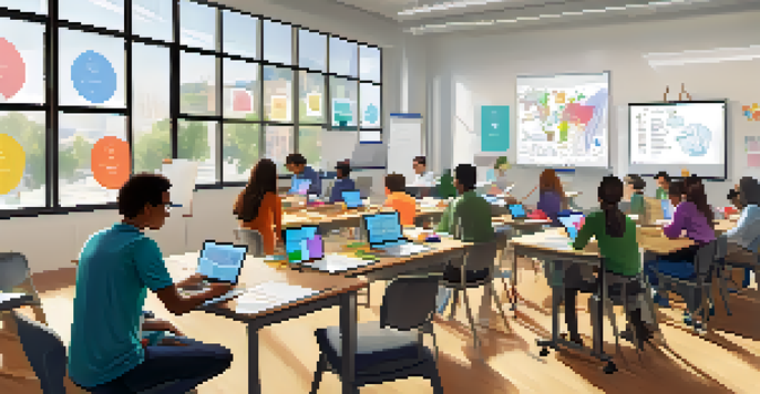 A bright classroom with educators collaborating on digital assessment tools, surrounded by laptops and a whiteboard filled with notes.