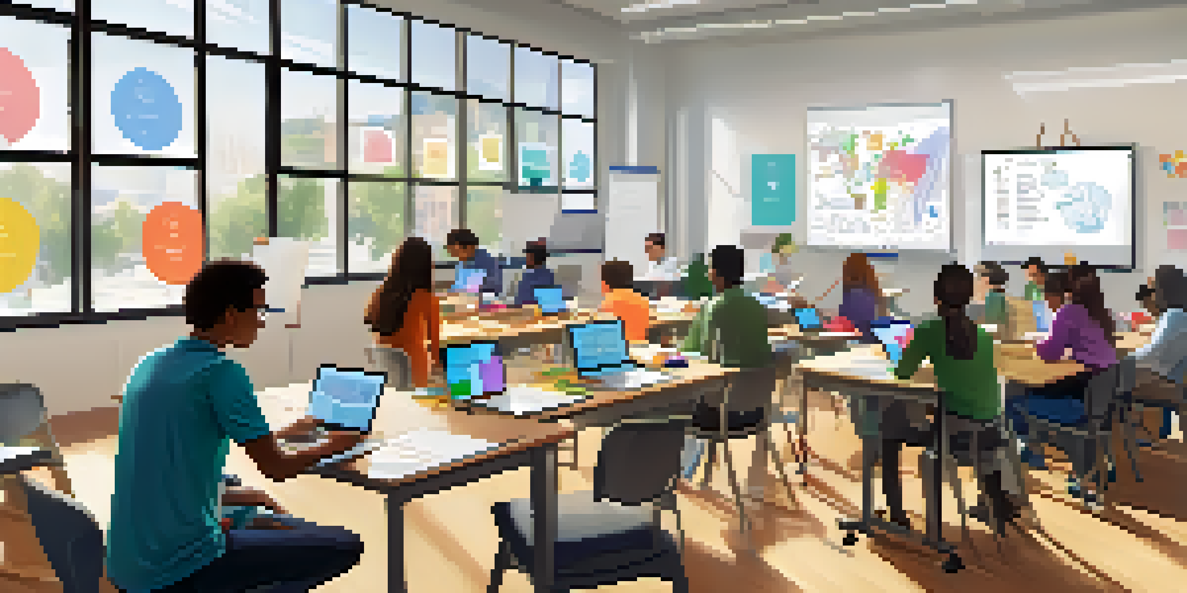 A bright classroom with educators collaborating on digital assessment tools, surrounded by laptops and a whiteboard filled with notes.