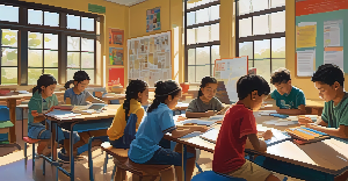 A group of diverse students collaborating in a bright classroom filled with educational materials; sunlight streaming through the windows.