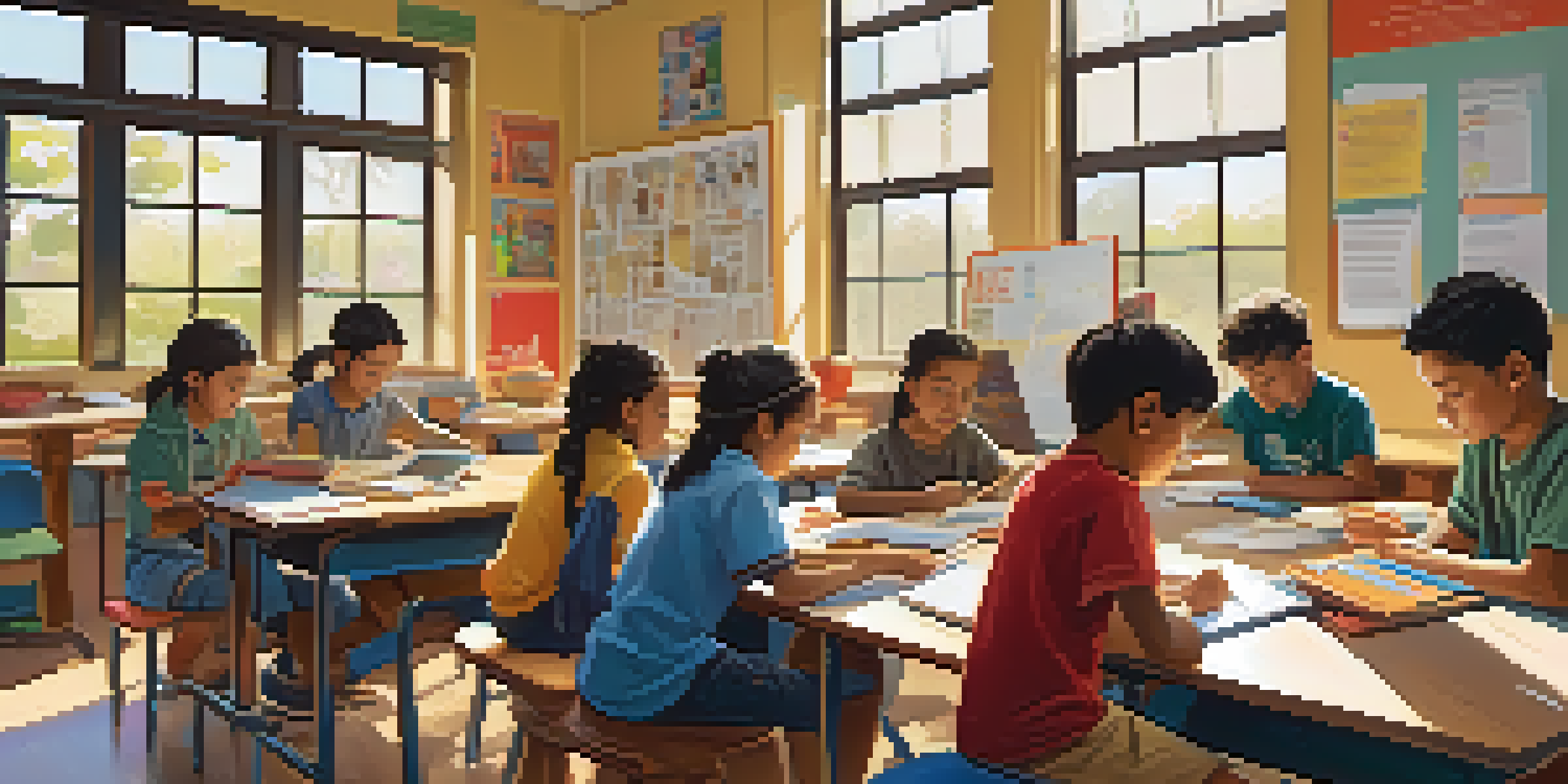 A group of diverse students collaborating in a bright classroom filled with educational materials; sunlight streaming through the windows.