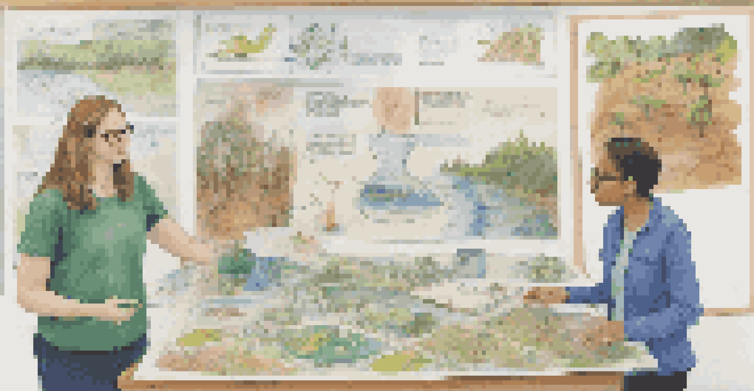 A collaborative scene of a science teacher and an art teacher working together on an environmental conservation project, with students engaged in both science and art activities.