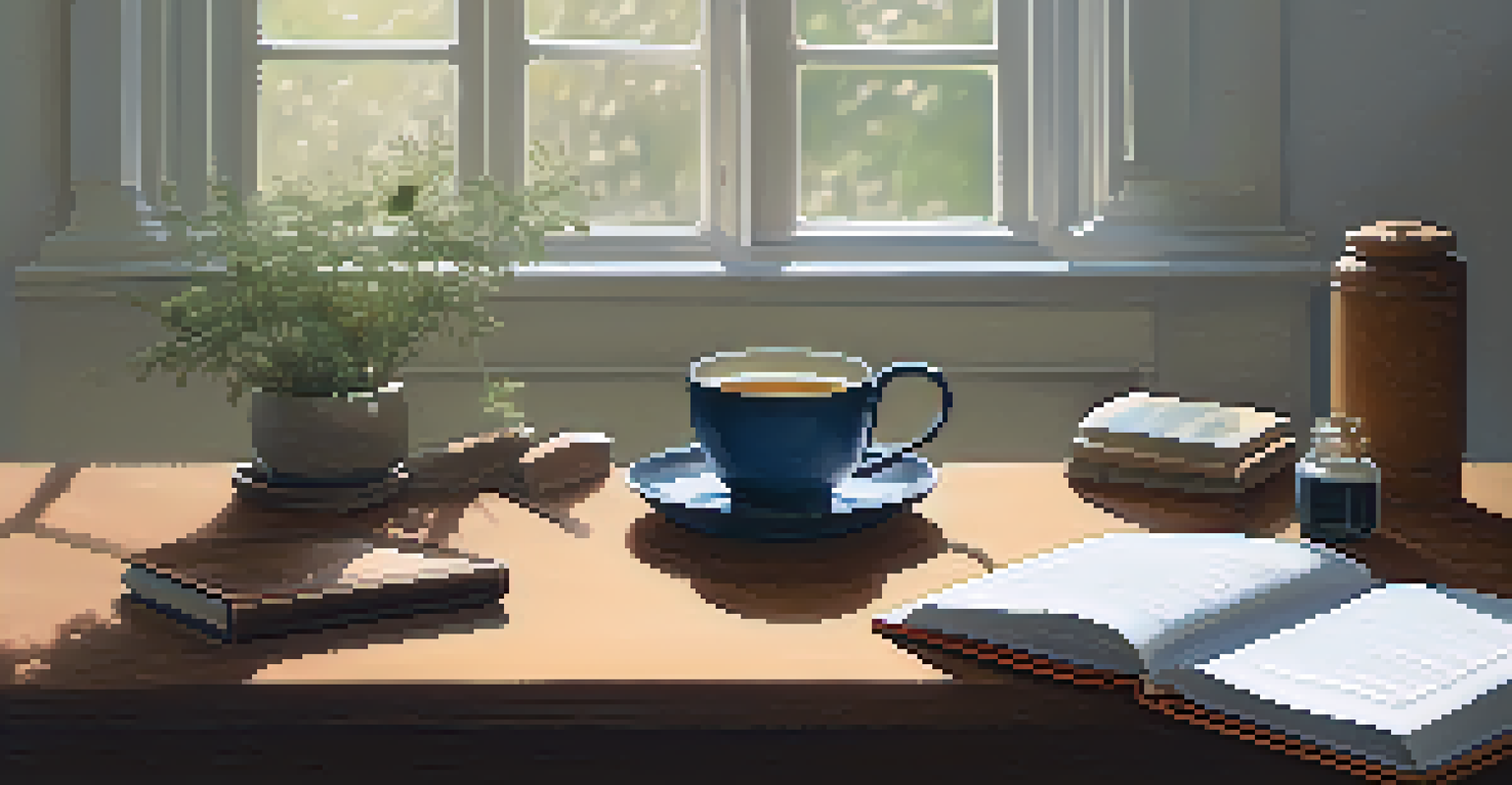 A close-up of a teacher's hands with mindfulness tools on a desk, creating a calm atmosphere.
