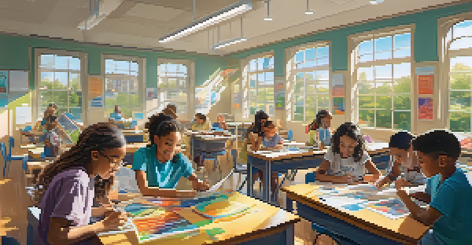 A diverse group of students collaborating on a science project in a colorful classroom filled with educational materials, with sunlight streaming through the windows.