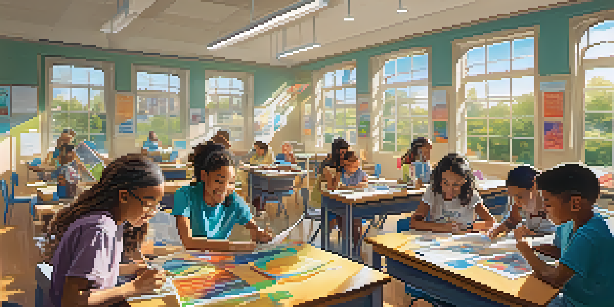 A diverse group of students collaborating on a science project in a colorful classroom filled with educational materials, with sunlight streaming through the windows.