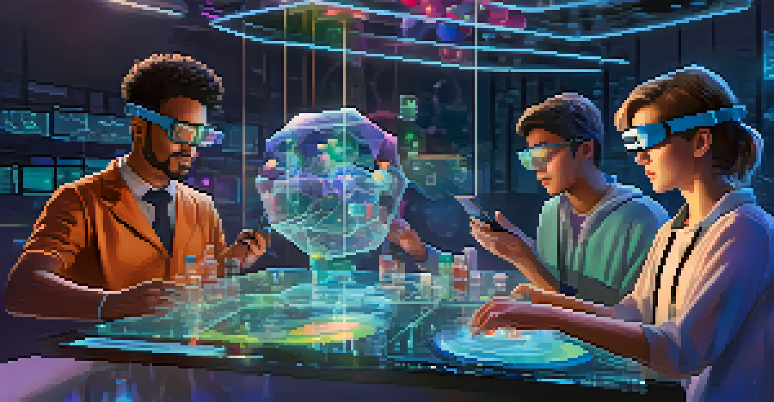 Students collaborating in a virtual lab, manipulating 3D molecules while discussing their science project in a futuristic setting.