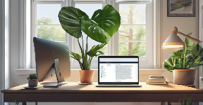 A bright and inviting workspace with a laptop, houseplant, and a framed quote on the wall, ideal for online learning.
