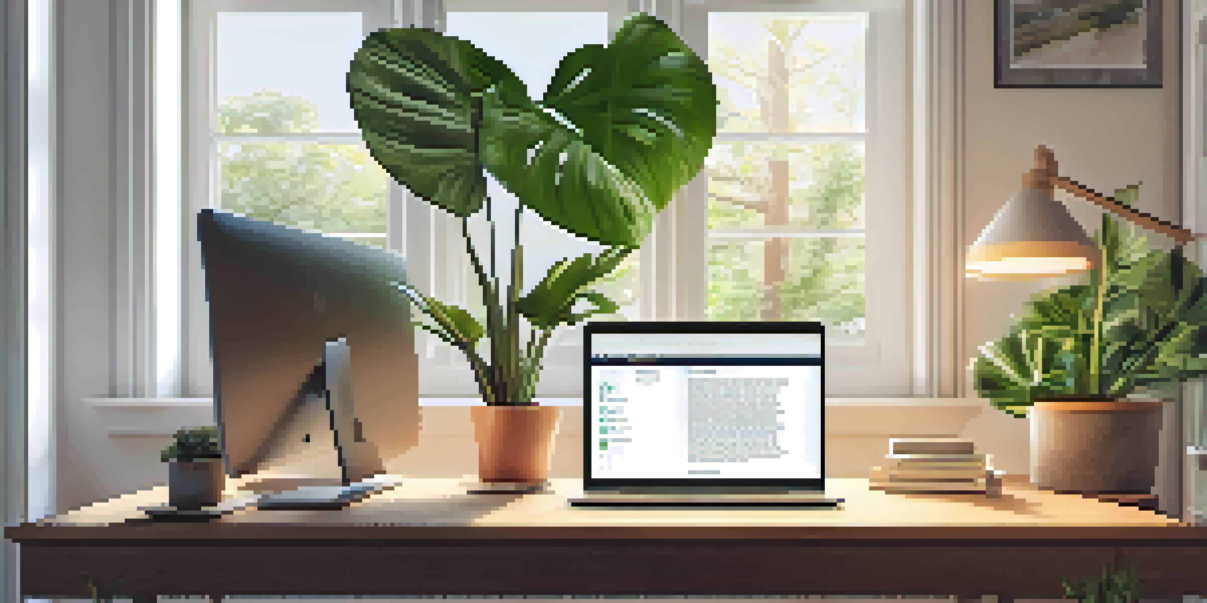 A bright and inviting workspace with a laptop, houseplant, and a framed quote on the wall, ideal for online learning.