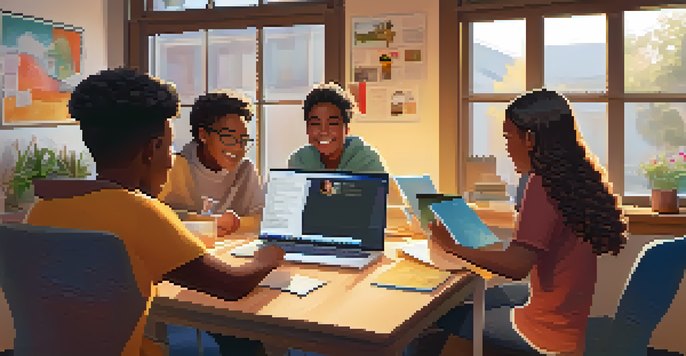 A diverse group of students participating in a video conference for online learning, with warm lighting and a cozy workspace.