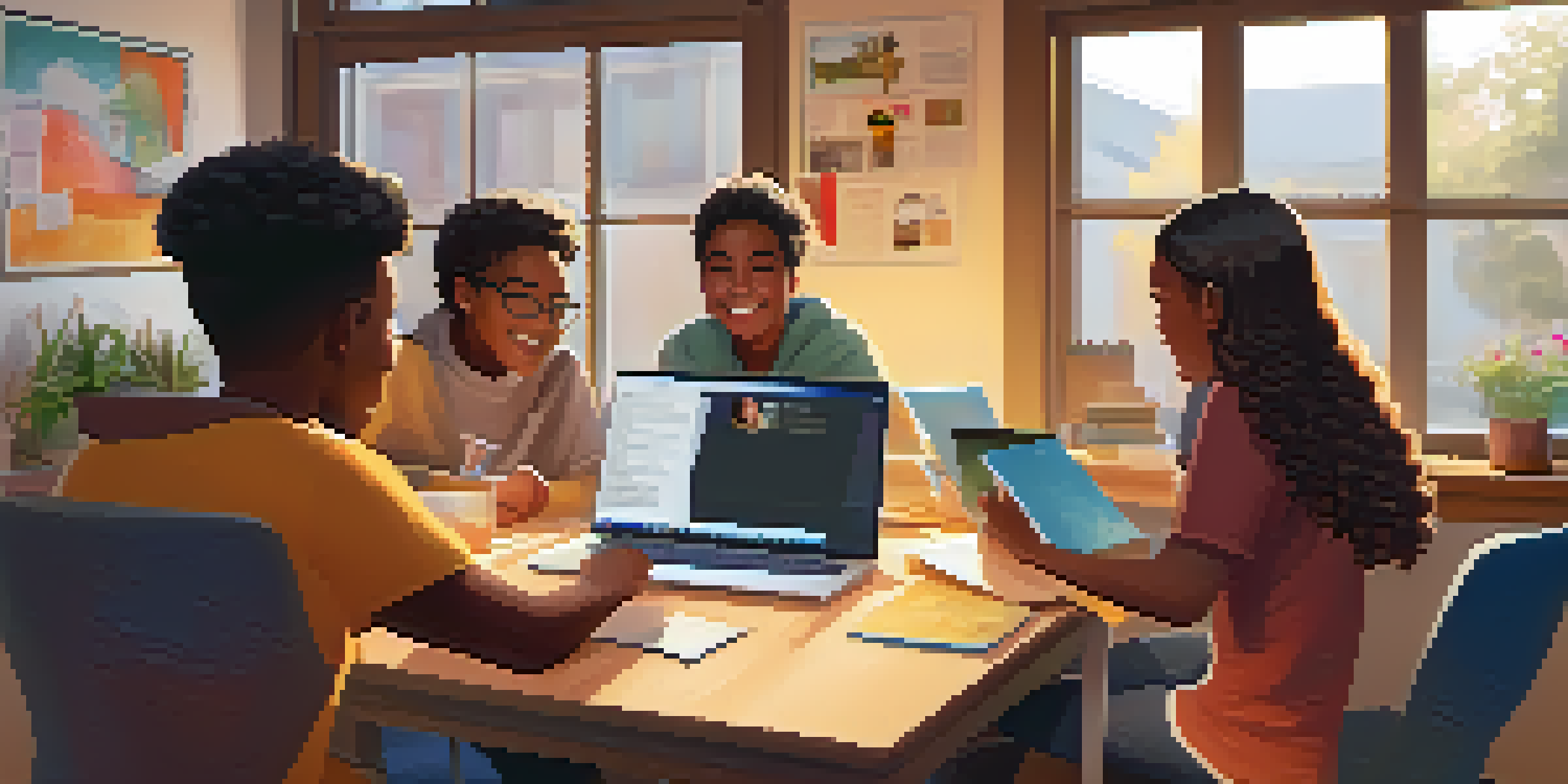 A diverse group of students participating in a video conference for online learning, with warm lighting and a cozy workspace.