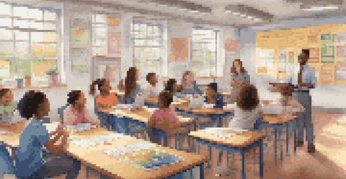 A diverse group of students in a colorful classroom using tablets and laptops for interactive polling.